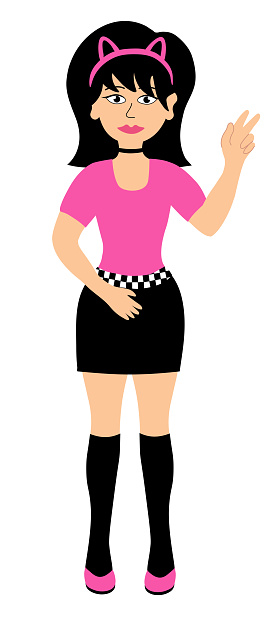 Cartoon Emo teenage girl. Young woman with black hair wearing mini skirt, t-shirt, cat hairband, show peace sign. Y2k 2000s style. Vector Flat illustration.