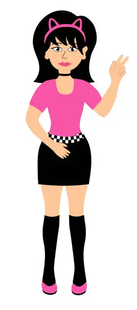 Vector illustration of Cartoon Emo teenage girl. Young woman with black hair wearing mini skirt, t-shirt, cat hairband, show peace sign. Y2k 2000s style. Vector Flat illustration.