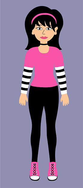 Cartoon teenage girl emo. Young women with black hair wearing pants, hairband, choker, sneakers. Y2k 2000s style. Black and pink. Vector Flat illustration.