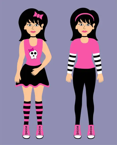 Vector illustration of Cartoon two teenage girls emo. Young women with black hair wearing mini skirt, t-shirt with skull, headband, pants, sneakers. Y2k 2000s style. Black and pink. Vector Flat illustration.