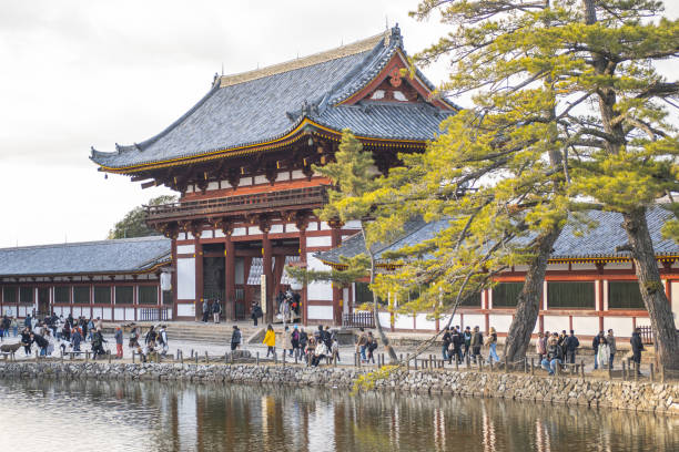 Kyoto, Japan - Jan 2, 2024: Todai-ji Chumon gate. Buddhist building featuring a large Buddha statue in Nara, Japan