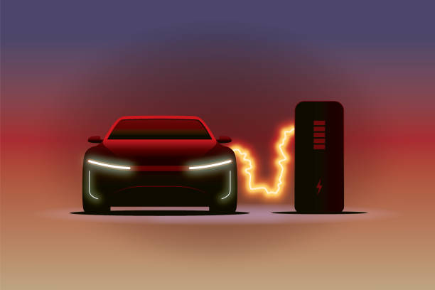 Electric car at the charging station. Electric current illustration, symbolizing EV charging and showing the power of electricity Electric car at the charging station. Electric current illustration, symbolizing EV charging and showing the power of electricity electric plug dark stock illustrations