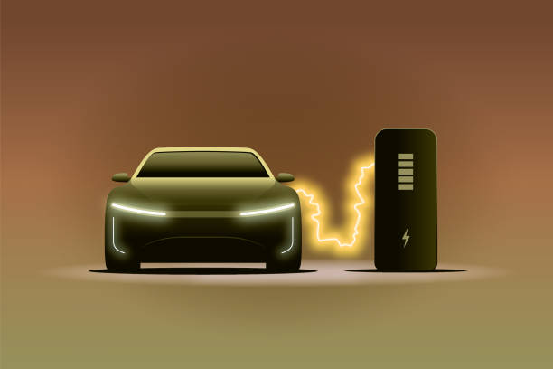 Electric car at the charging station. Electric current illustration, symbolizing EV charging and showing the power of electricity Electric car at the charging station. Electric current illustration, symbolizing EV charging and showing the power of electricity electric plug dark stock illustrations