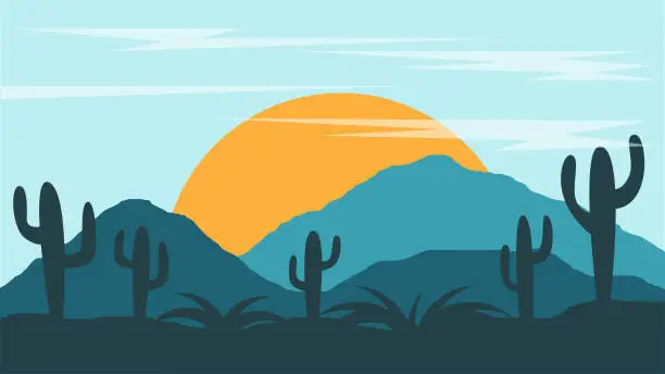 Vector illustration of Desert Landscape with Setting Sun Flat Style