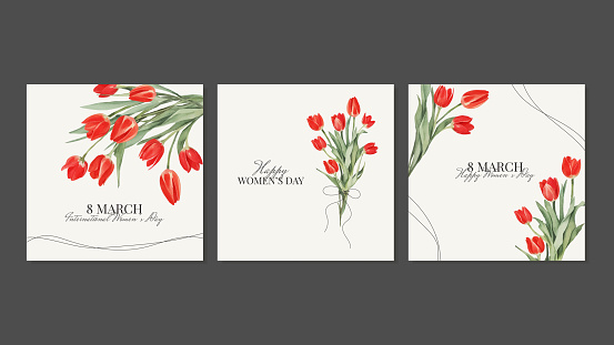Square Cards for Women's Day, March 8 with Watercolor Red Tulips. Post Greeting Card for Social Media. Cover with Spring Flowers. Vector Templates