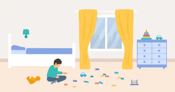 Vector illustration of Little Boy Sitting On The Floor And Playing With Toys. Child's Room Interior With Bed, Dresser And Colorful Toys