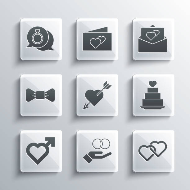 결혼 반지, 두 개의 연결된 하트, 하트, 애정과 화살, 남성 성별, 나비 넥타이, 다이아몬드 약혼 및 인사말 카드 아이콘과 케이크를 설정합니다. 벡터 - heart shape heart suit valentines day love stock illustrations