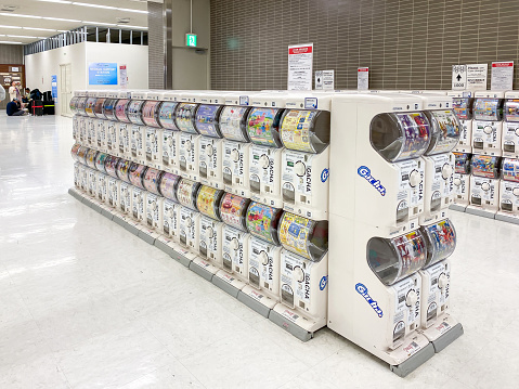 Tokyo Japan - 18 Oct 2023: Japanese capsule toy vending machine Gachapon in Narita international airport. Gachapon is a Japanese vending machine dispensed capsule toy.