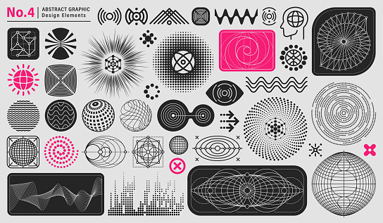 Collection of abstract graphic design elements. Retro futuristic  geometric icons and design elements. Abstract technology design elements and icons.