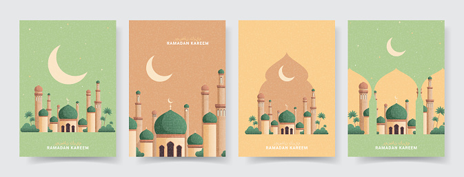 Trendy posters for Ramadan Kareem. Vector illustration with mosque, stars and crescent in pastel colors. Holy month Ramadan. Modern flyers for Islamic holiday. Arabic text translation Ramadan Kareem.