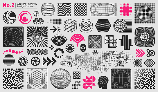 Collection of abstract graphic design elements. Retro futuristic  geometric icons and design elements. Abstract technology design elements and icons.