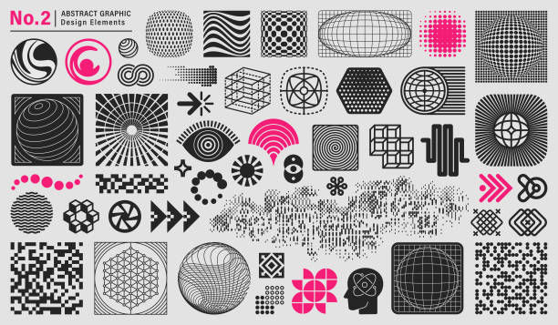 Abstract Graphic Design Elements Collection of abstract graphic design elements. Retro futuristic geometric icons and design elements. Abstract technology design elements and icons. round head stock illustrations