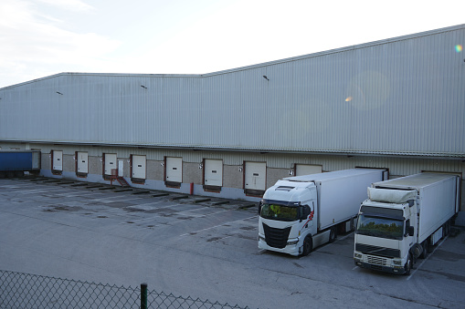 Loading docks of a logistics center for transporting goods by road.