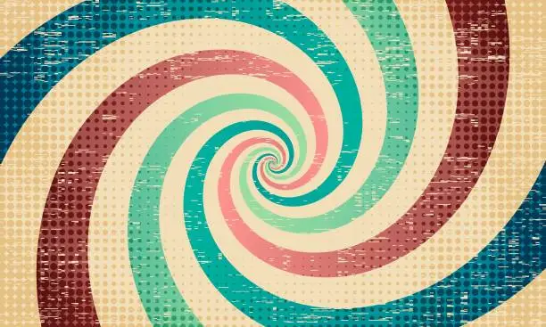Vector illustration of Groovy abstract rainbow swirl background. Retro grunge vector design in 1960-1970s style. Vintage sunburst backdrop. Natural colors summer hippie carnival