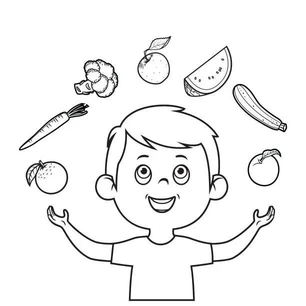 Vector illustration of Cute Little Boy and Healthy Foods