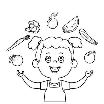 Vector Cute Little Girl and Healthy Foods