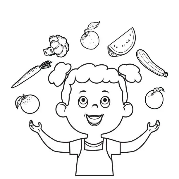 Vector illustration of Cute Little Girl and Healthy Foods