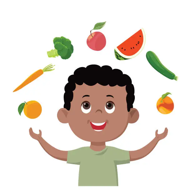 Vector illustration of Cheerful Little Boy and Healthy Foods