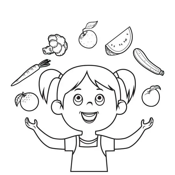 Vector illustration of Cute Little Girl and Healthy Foods