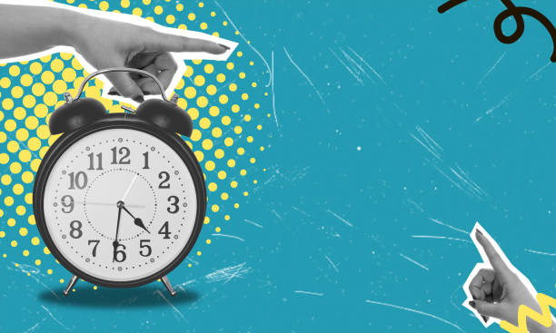 istock Art collage, hands and alarm clock with space for text. 2005269349