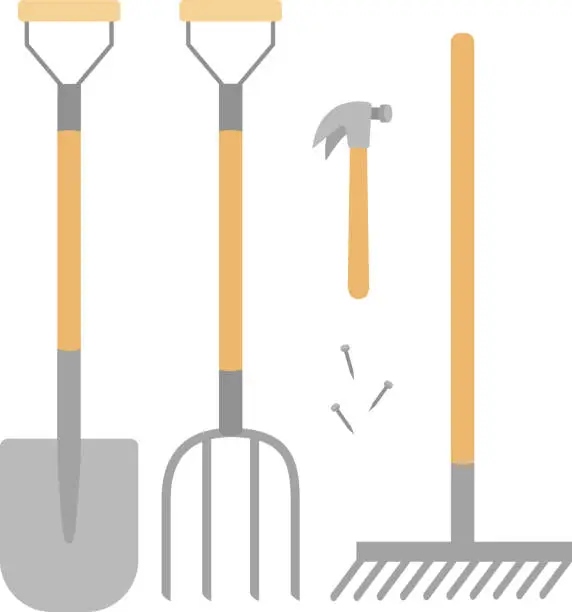 Vector illustration of Vector clipart with gardening tools. Shovel, pitchfork, rake, hummer and nails