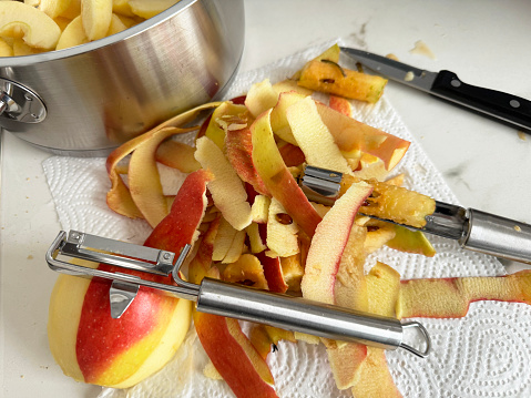 close-up of peeling apples