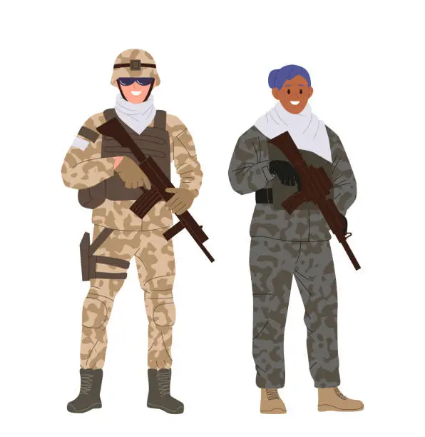 Vector illustration of Infantry man and woman cartoon characters in camouflage holding rifle gun isolated on white