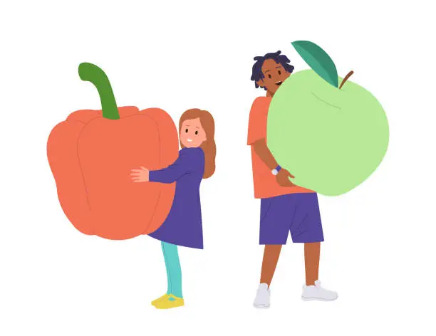 Vector illustration of Happy boy and girl children cartoon characters holding fresh ripe green apple and sweet red pepper