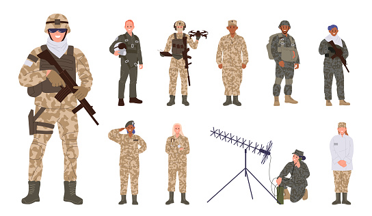 Man and woman military people full body cartoon characters big set wearing camouflage uniform. Male and female soldier, special forces infantryman and armed security troops vector illustration