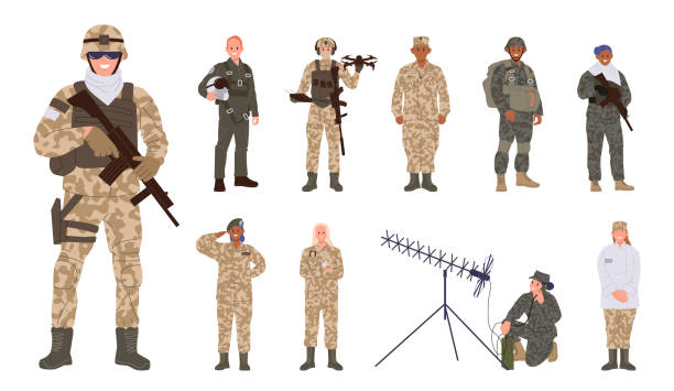 Man and woman military people full body cartoon characters big set wearing camouflage uniform Man and woman military people full body cartoon characters big set wearing camouflage uniform. Male and female soldier, special forces infantryman and armed security troops vector illustration female combat soldier stock illustrations