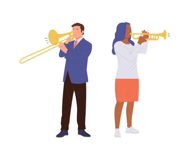 Vector illustration of Talented man and woman musicians cartoon characters playing wind instruments performing concert