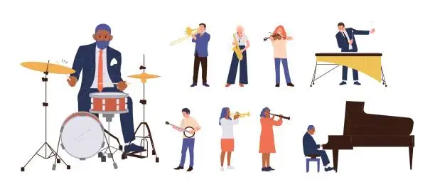 Vector illustration of Different man and woman musicians cartoon characters playing various musical instrument big set