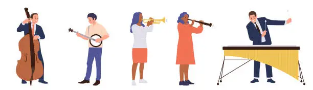 Vector illustration of Different inspired people musicians cartoon characters playing jazz music with various instrument