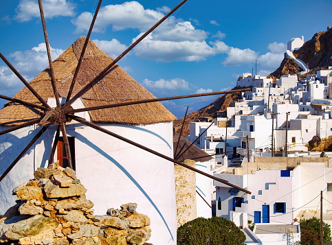 View of Chora Village with a chapel on the hill from the windmills, Serifos Island, Cyclades, Greece