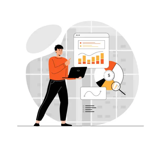 Vector illustration of Virtual finance. Man working with data charts and calculating money, making market research. Illustration with people scene in flat design for website and mobile development