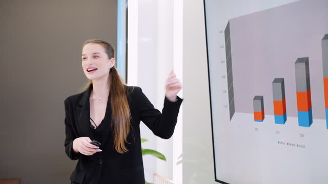 Young adult confidence businesswoman having a presentation of business strategy and financial for investment in meeting room at modern office