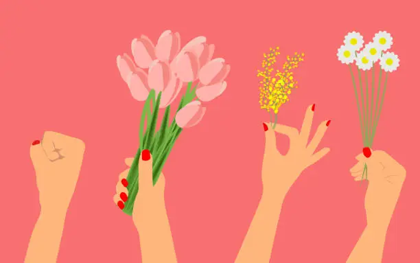 Vector illustration of Women holding flowers in their hands and holding them in the air celebrate International Women's Day