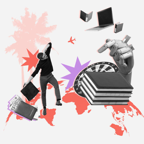 istock Man with briefcase, colored abstract elements, books, dartboard walking on globe. Contemporary art collage. Time management, promotion for balancing work and personal life 2005326435