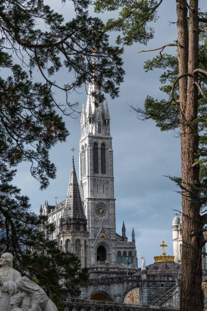 Lourdes Cathedral view from the distance through trees