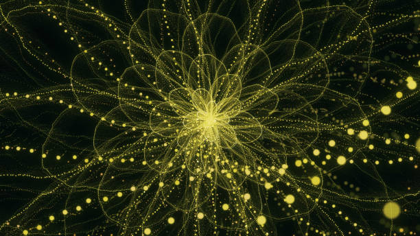 istock Flower from flowing wavy particles and trails. Golden core with spirals, abstract background. 2005343160