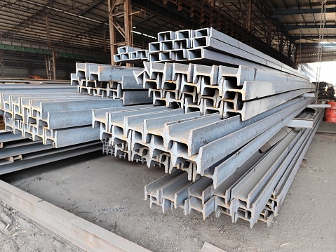 Metal construction I beams, steel structure girders in a factory