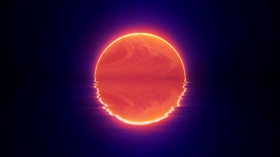 Bright neon glowing red orange planet above stary horizon with purple shine. Reflections on water waves. Synthwave, vaporwave style. Retrowave digital. Retro, vintage, 4k