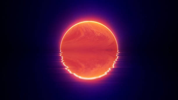 Bright neon glowing red orange planet above stary horizon with purple shine. Reflections on water waves. Synthwave, vaporwave style. Retrowave digital. Retro, vintage, 4k Bright neon glowing red orange planet above stary horizon with purple shine. Reflections on water waves. Synthwave, vaporwave style. Retrowave digital. Retro, vintage, 4k synthpop stock illustrations