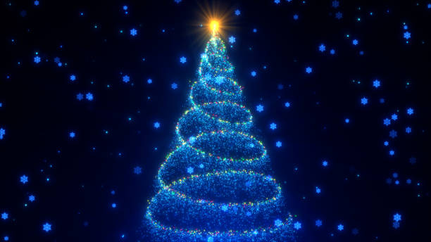 istock Abstract glowing spiral Christmass tree with falling up snowflakes and flashing particles on dark blue background, winter holidays. Neon Christmass tree, New Year screensaver. 2005344877
