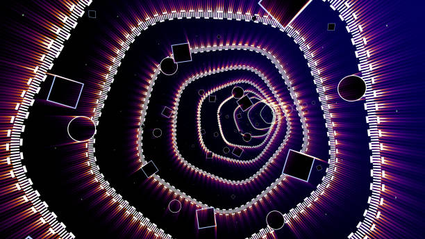 istock Futuristic technology neon abstract tunnel background with purple shine. Vj, speed, spectrum vibrant colors, laser show. Black, Rotating, Fly through sci fi structure. 2005344893