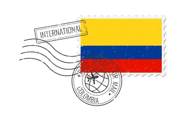 Vector illustration of Colombia grunge postage stamp. Vintage postcard vector illustration with Colombian national flag isolated on white background. Retro style.