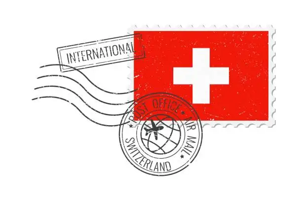 Vector illustration of Switzerland grunge postage stamp. Vintage postcard vector illustration with Swiss national flag isolated on white background. Retro style.