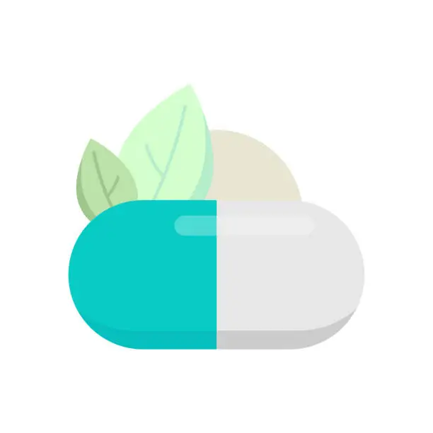 Vector illustration of Blue and white capsule featuring green leaves inside as logo design element