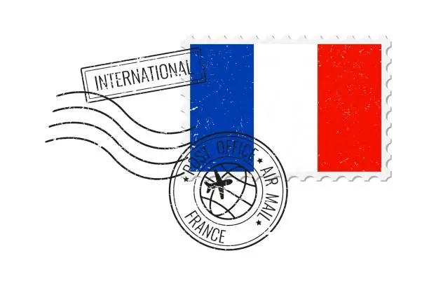 Vector illustration of France grunge postage stamp. Vintage postcard vector illustration with French national flag isolated on white background. Retro style.