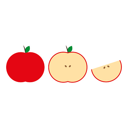 A red and yellow apple, along with a sliced apple, are displayed on a white background. This natural foods arrangement is a happy gesture of fruit from a plant tree.